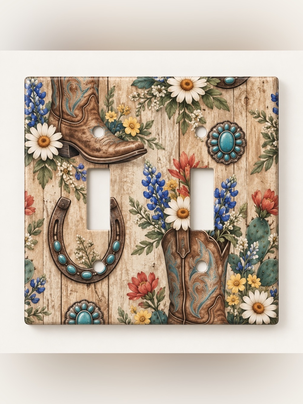 Western Cowboy Boots Horseshoe Wildflower Double Toggle Wall Plate Turquoise Dec